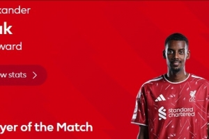 梅开二度!伊萨克当选利物浦2-0伊普斯维奇全场最佳球员